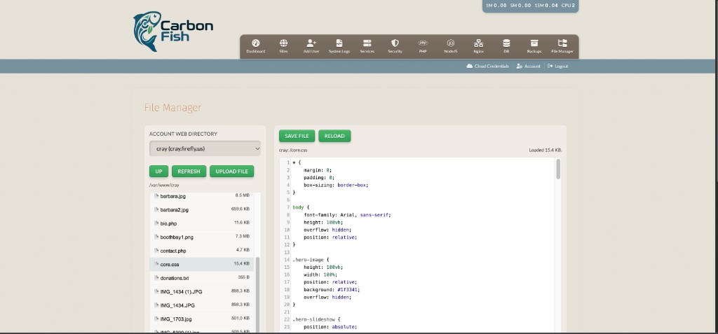 CarbonFish File Manager — directory browser and code editor